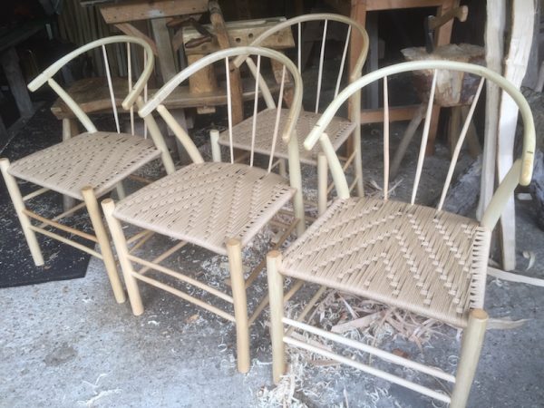 swoop, steambent, side chairs, dining set, green woodworking, handmade, danish cord, rustic ash chairs, spindle back, spindles, ash, workshop