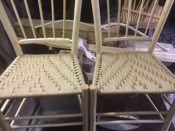 spindle-back, side chairs, dining set, green woodworking, ash, seat, weaving, danish cord, rustic ash chairs